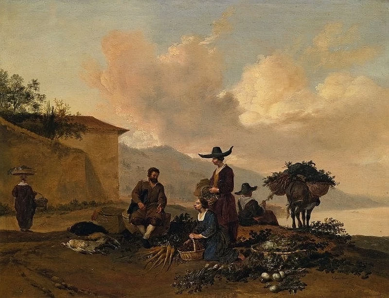 Paesaggio con scena di mercato
